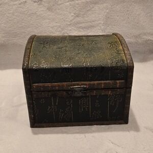 Vintage Wooden Treasure Chest Trinket Box Asian Script Embossed 6" x 4.75